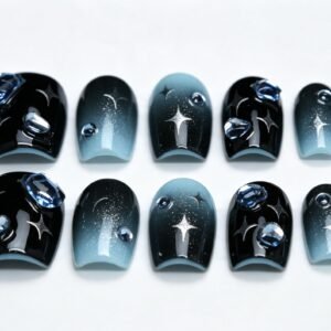 Hand‑made Blue‑Black Gradient Star Squoval Press‑On Nails, silver star blue crystal bulk wholesale false nails