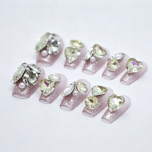 Hand‑made Pink Glitter AB Crystal Coffin Press‑On Nails, heart rhinestone false nails bulk wholesale