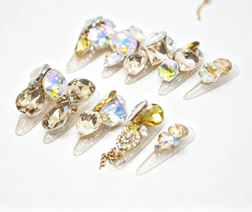 Hand‑made Champagne AB Crystal Chain Stiletto Press‑On Nails