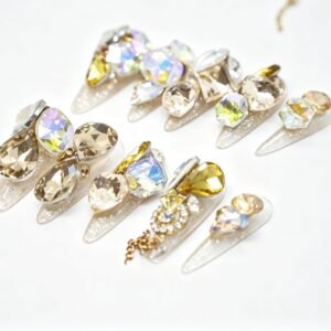 Hand‑made Champagne AB Crystal Chain Stiletto Press‑On Nails, gold chain charm bulk wholesale false nails
