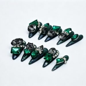 Hand‑made Emerald Black Heavy Rhinestone Stiletto Press‑On Nails, dark emerald black nails with big green black gems bulk wholesale