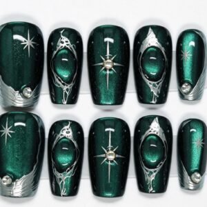Handmade Metallic Emerald Squoval Press‑On Nails, silver filigree north star design bulk wholesale false nails