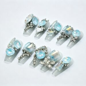Hand‑made Ice‑Blue Crystal Bow Coffin Press‑On Nails, frosty blue silver bow charm false nails bulk wholesale