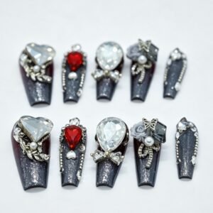Hand‑made Dark Gothic Heart Rhinestone Coffin Press‑On Nails, vintage metal jewelry‑style false nails bulk wholesale