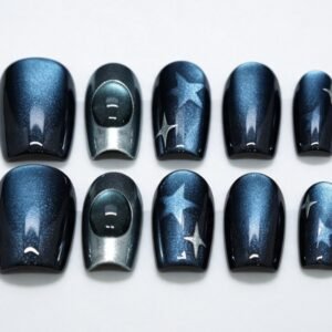 Hand‑made Navy Cat‑Eye Star Squoval Press‑On Nails, silver star gem bulk wholesale false nails