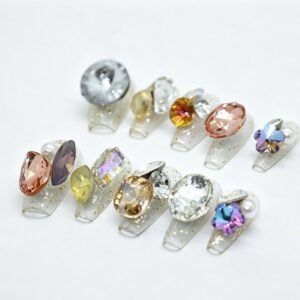 Hand‑made Champagne Multicolor Large Crystal Coffin Press‑On Nails, luxury gem false nails bulk wholesale