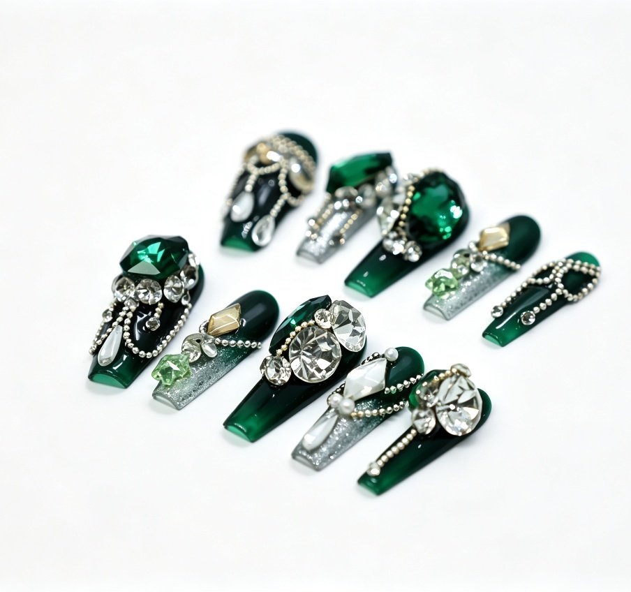 Hand‑made Emerald Green Rhinestone Tassel Coffin Press‑On Nails