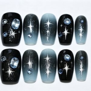 Hand‑made Black Cat‑Eye Silver Metallic Star Coffin Press‑On Nails, black cat‑eye nails with silver star rhinestones bulk wholesale