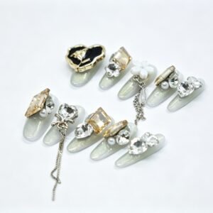 `Hand‑made Silver Shimmer Vintage Heart‑Flower Coffin Press‑On Nails, silver shimmer nails with heart flower silver chain bulk wholesale`
