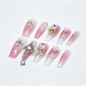 Hand‑made Pink Ombre Rose Chain Coffin Press‑On Nails, pink gradient nails with 3D rose silver chain bulk wholesale