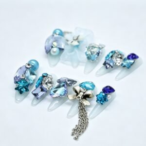 Hand‑made Mermaid‑Tone 3D Butterfly & Floral Coffin Press‑On Nails, mermaid iridescent coffin nails with 3D butterfly flower charms bulk wholesale