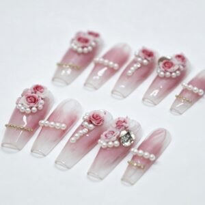 Hand‑made Pink 3D Rose Pearl Coffin Press‑On Nails, romantic water‑ink gradient false nails bulk wholesale