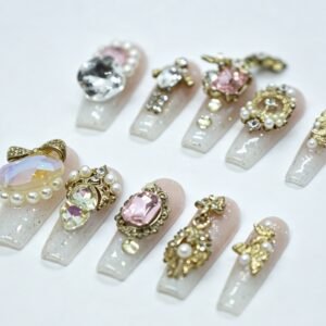 Hand‑made Vintage Baroque Pink Gold Coffin Press‑On Nails, antique gold metal ornament pearl gem false nails bulk wholesale