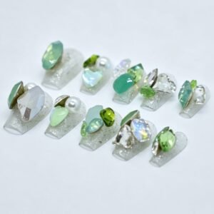 Handmade Fresh Lime‑Green Crystal Coffin Press‑On Nails, opal crystal pearl rhinestone bulk wholesale false nails