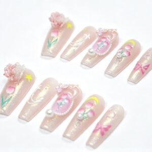 Hand‑made 3D Tulip Floral Coffin Press‑On Nails, milky nude pink resin flower false nails bulk wholesale