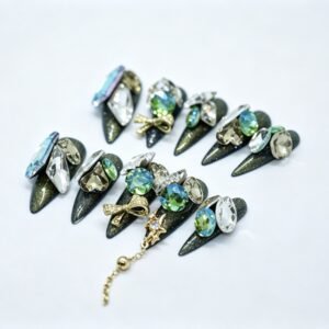 Handmade Dark‑Olive Stiletto Press‑On Nails, multi‑gem rhinestones gold bow tassel charms bulk wholesale false nails