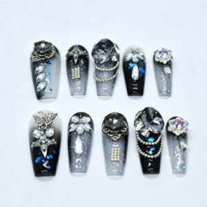 Hand‑made Black‑Blue Ombre Gothic Rhinestone Coffin Press‑On Nails, dark luxury false nails bulk wholesale