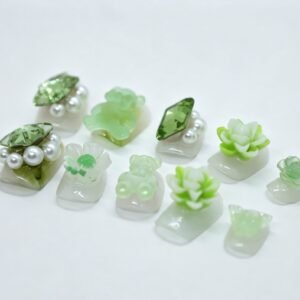 Hand‑made Green 3D Flower Bear Square Press‑On Nails, resin flower jelly bear pearl bulk wholesale false nails