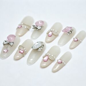 Hand‑made Cream‑White Pink‑Crystal Bow Pearl Almond Press‑On Nails, cream white almond nails with pink crystal silver bow pearl bulk wholesale