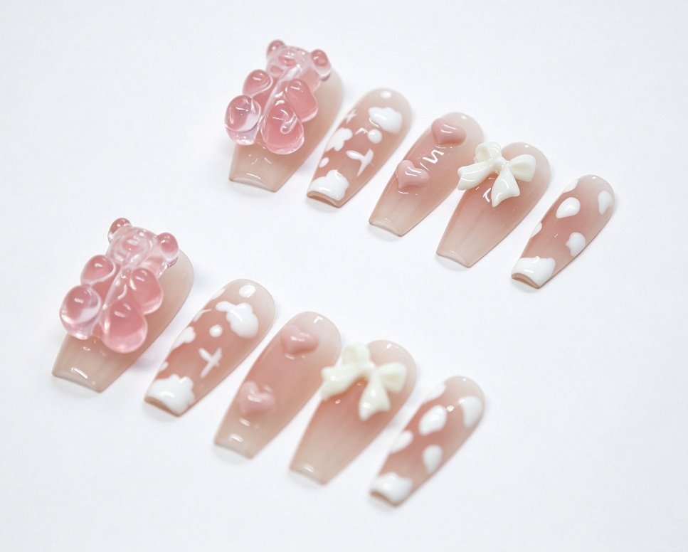 Hand‑made Pink Gummy Bear Sweet Coffin Press‑On Nails