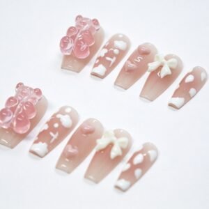 Hand‑made Pink Gummy Bear Sweet Coffin Press‑On Nails, kawaii 3D resin bear false nails bulk wholesale