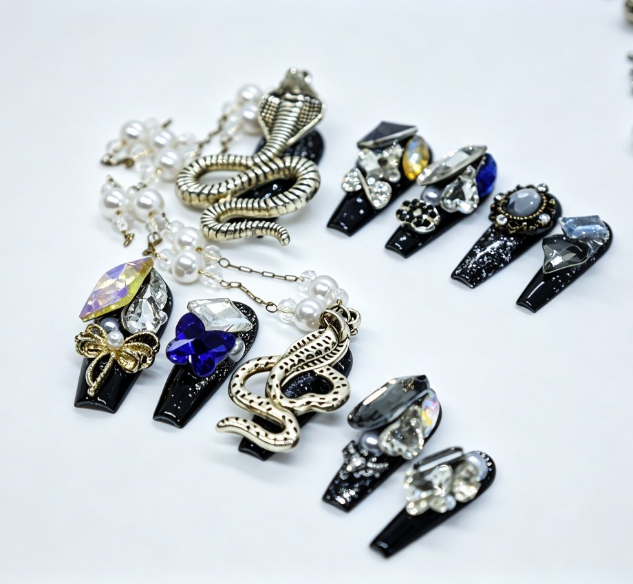 Hand‑made Gothic Snake Pendant Coffin Press‑On Nails