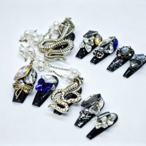 Hand‑made Gothic Snake Pendant Coffin Press‑On Nails, black silver glitter dangling snake charm false nails bulk wholesale