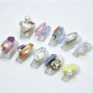 Hand‑made Multicolor Mixed‑Cut Gem Silver‑Glitter Squoval Press‑On Nails, silver glitter squoval nails with multi‑color mixed gem charms bulk wholesale