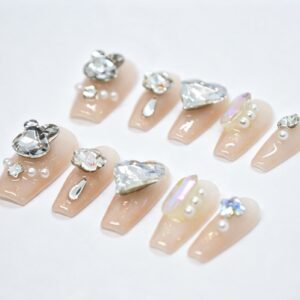 Hand‑made Nude Bunny Heart Crystal Almond Press‑On Nails, 3D bunny heart rhinestone bulk wholesale false nails
