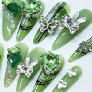 Hand‑made Fresh Green Ink‑Wash Butterfly Stiletto Press‑On Nails, jade‑green hand‑painted silver butterfly false nails bulk wholesale