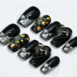 Hand‑made Black Metallic Heart Rhinestone Squoval Press‑On Nails, black heart crystal sequin bulk wholesale false nails