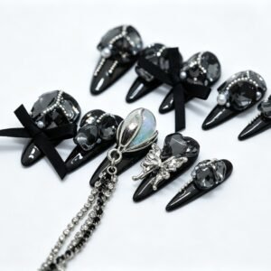 Hand‑made Black Bow Butterfly Chain Stiletto Press‑On Nails, tassel chain bulk wholesale false nails