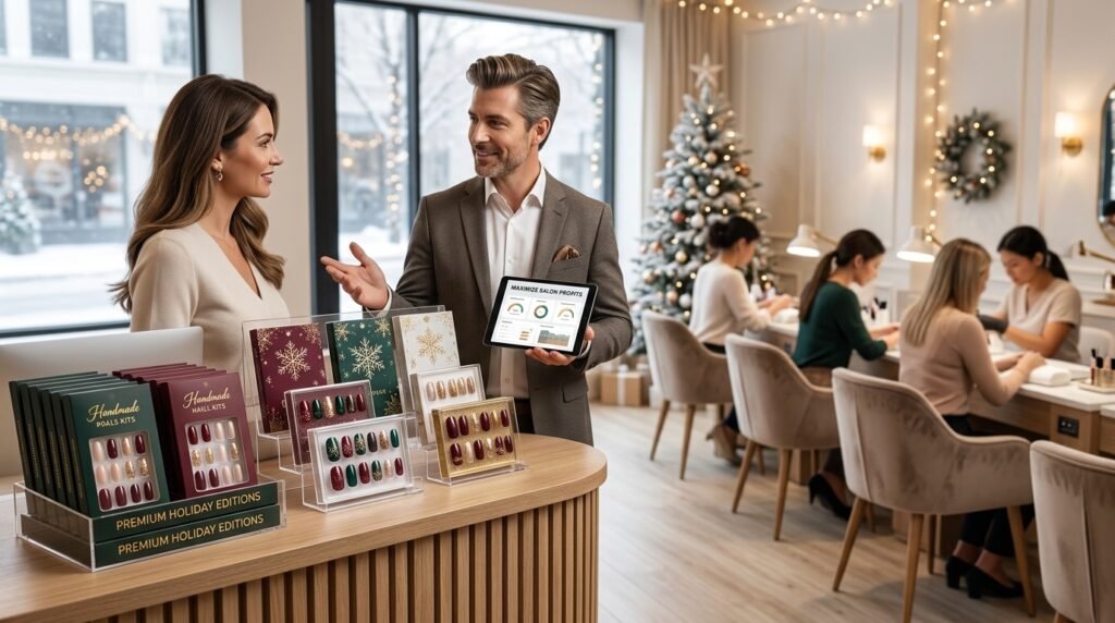 luxury premium holiday press-on nails display in a modern salon to increase nail salon profits