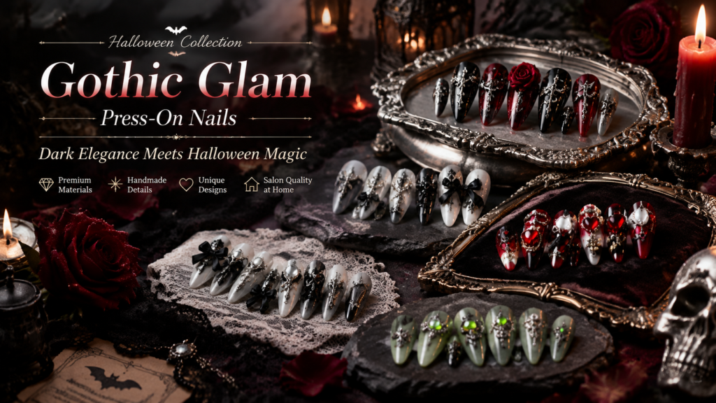 Gothic Halloween press on nails collection with black chains and blood red roses