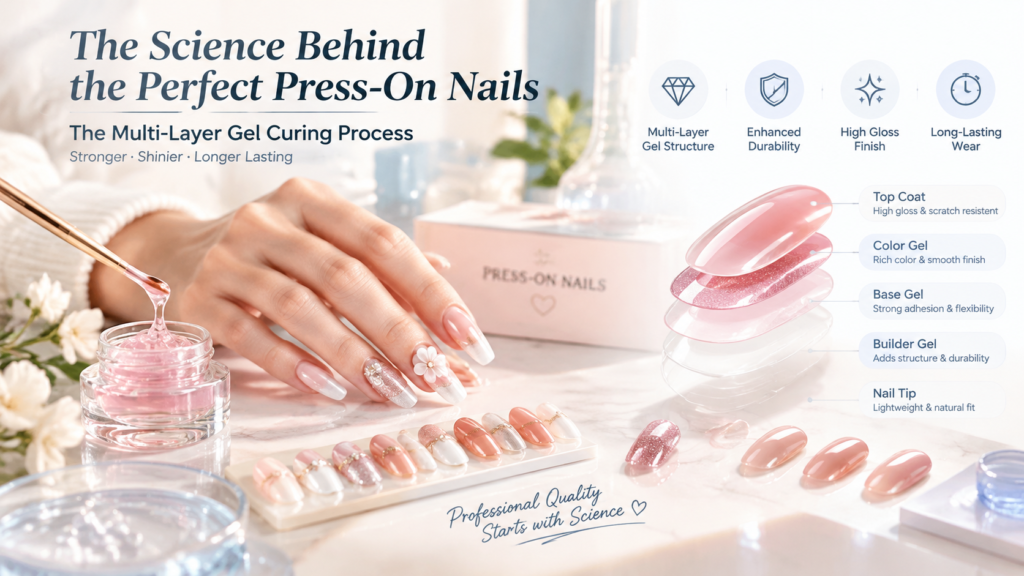 Handcrafted press on nails gel curing process using salon grade gel polish