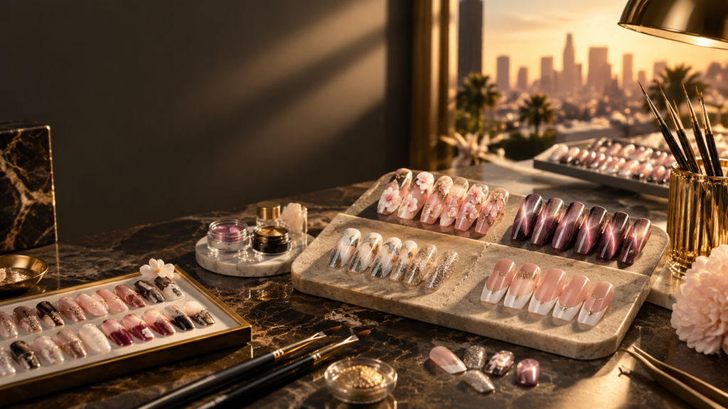 Premium bulk press on nails display on a luxury salon work station during sunset