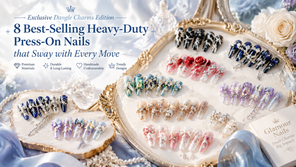 Heavy duty handmade press on nails with dangling chain and gemstone charms