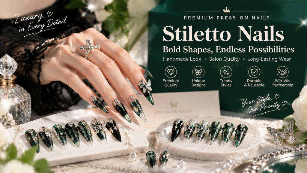 Premium bulk stiletto nails showcased on a luxury emerald and butterfly themed advertising poster