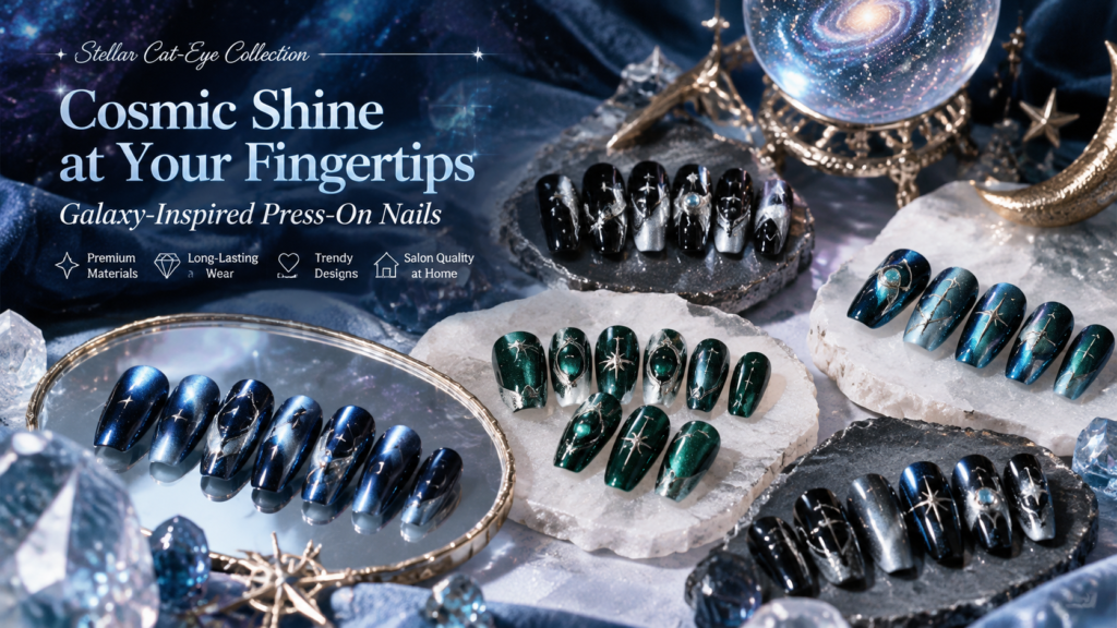 Magnetic cat eye press on nails collection with cosmic starbursts and metallic details