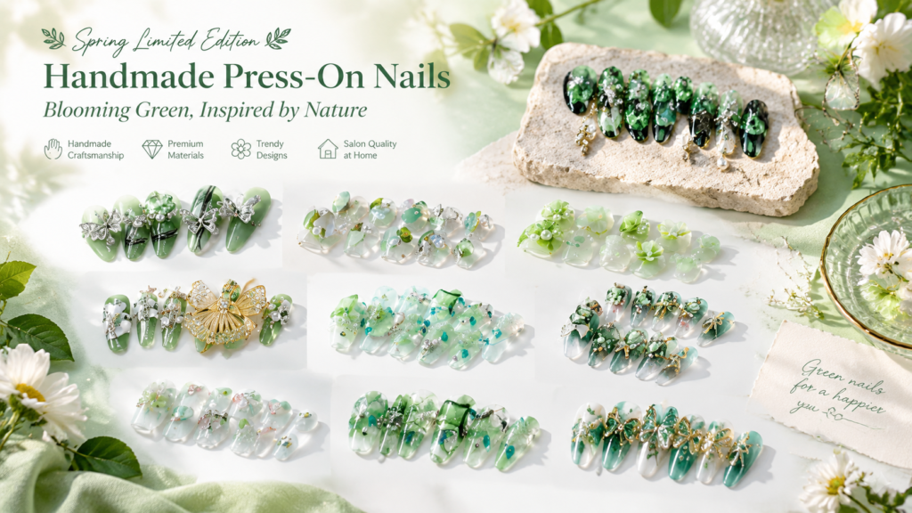 Spring limited edition handmade press on nails in blooming green designs