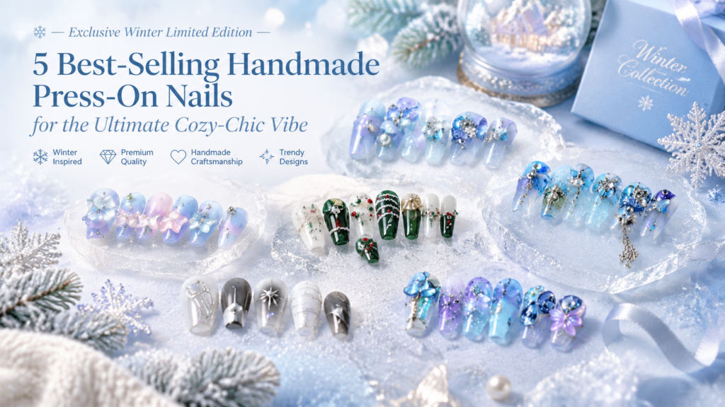 Winter limited edition handmade press on nails in ice blue and festive green designs