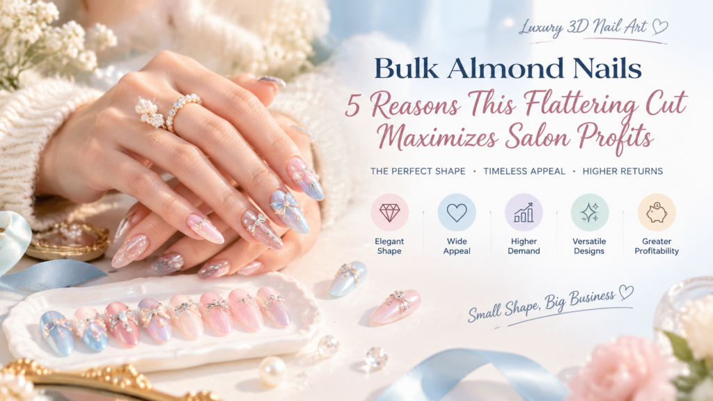 Premium bulk almond nails exhibition featured on a romantic dreamlike beauty poster