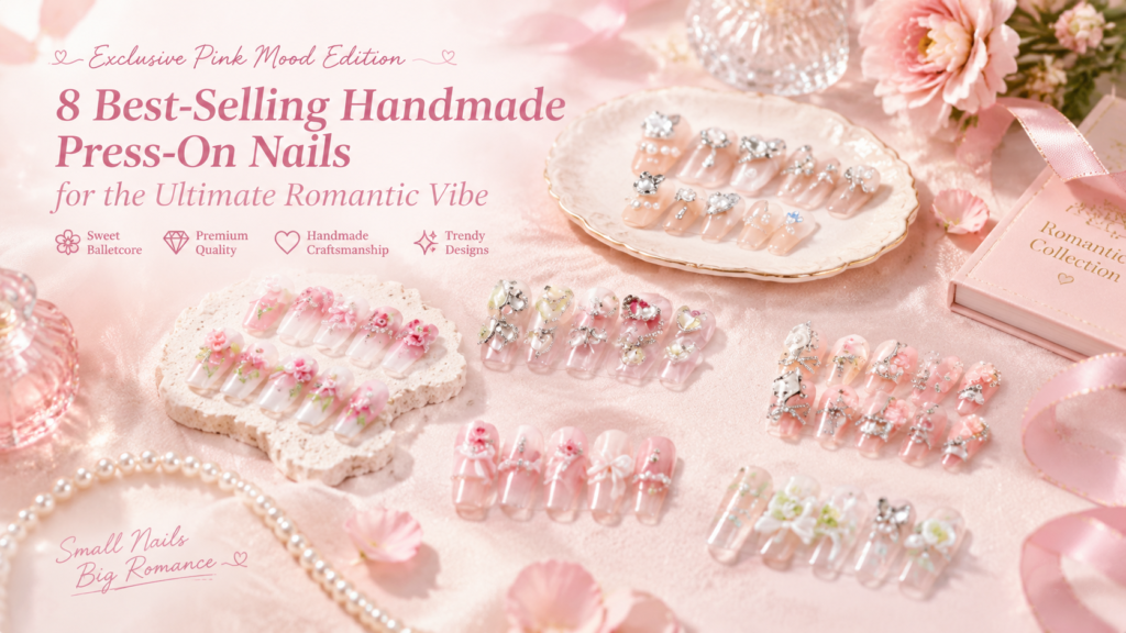 Pink mood edition handmade press on nails in romantic balletcore and glitter designs