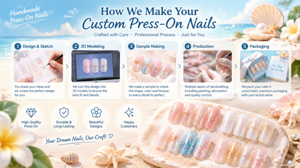 Custom handmade press on nails production workflow infographic, design sketch, 3D modeling, sampling, handcraft production and packaging for nail salon wholesale