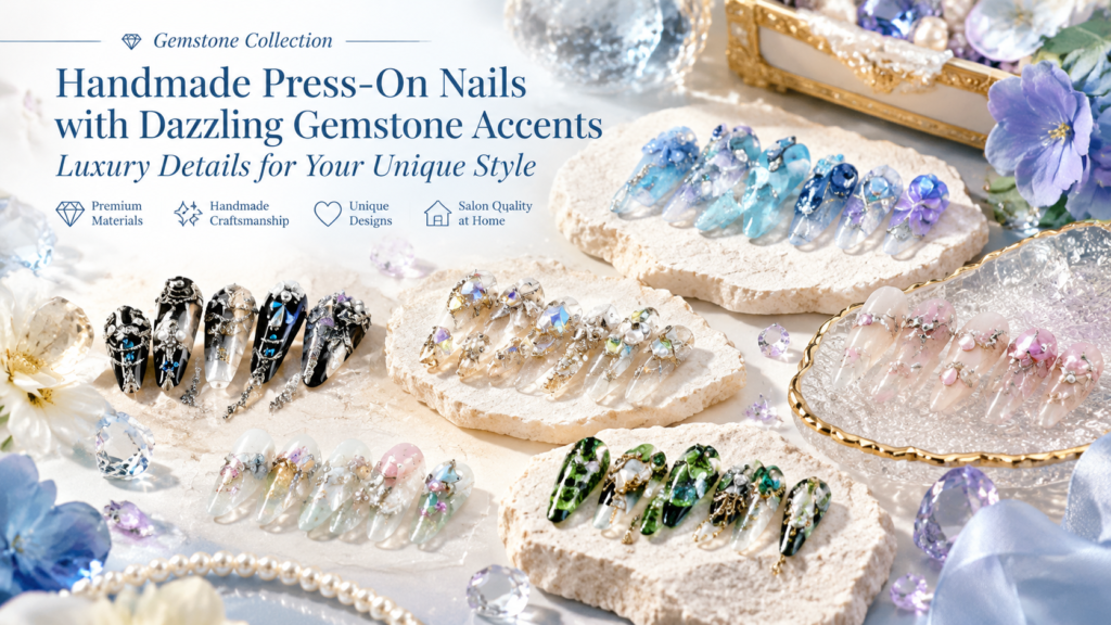 Luxurious gemstone press on nails catalog with oversized crystals and rhinestones