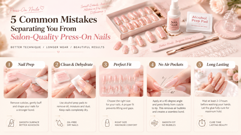 Infographic of 5 common mistakes when applying press on nails step by step guide