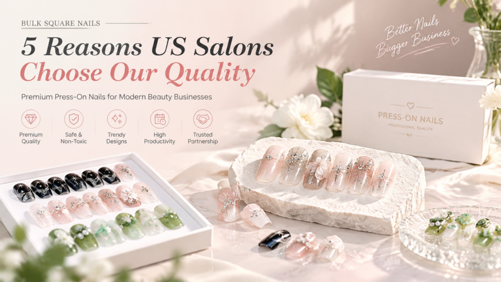 Premium bulk square nails wholesale collection showcased on a luxury retail banner