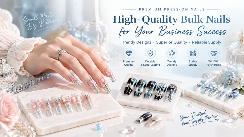 Premium bulk coffin nails exhibition showcased on a luxury beauty brand advertising banner