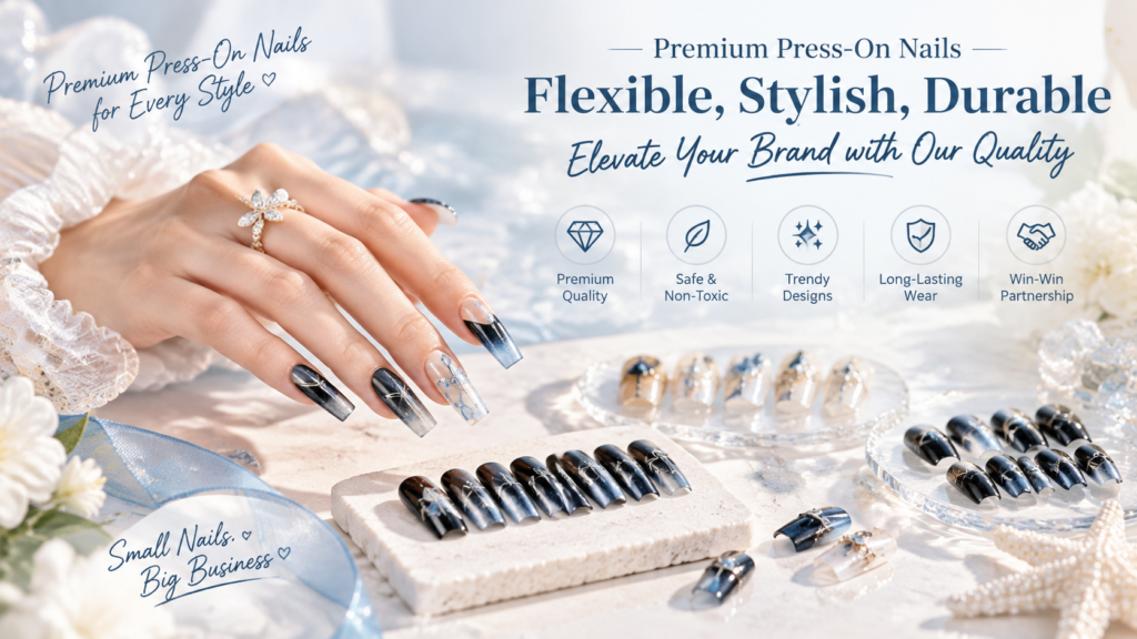 Premium bulk squoval nails displayed on a luxury ocean theme fantasy dreamlike beauty advertising poster